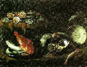 Giovanni Battista Recco stilleben med fisk och ostron oil on canvas